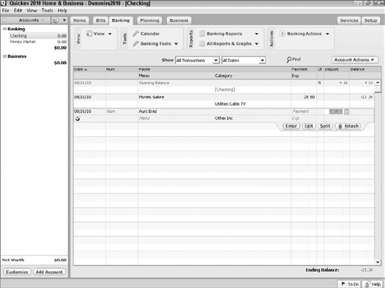 A Checking register as you record your first deposit.