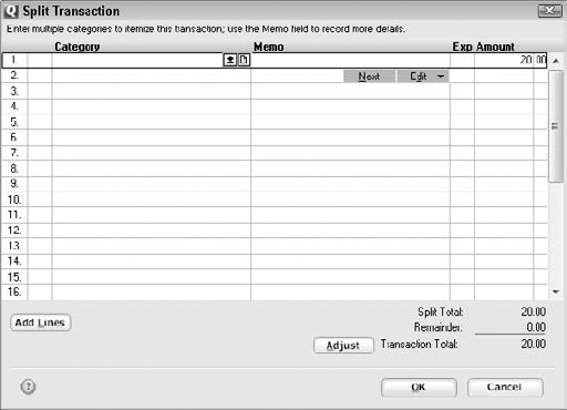 The Split Transaction window.