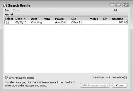 The Search Results window with a transaction that matches the search criteria.