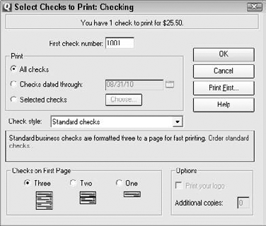 The Select Checks To Print: Checking dialog box.