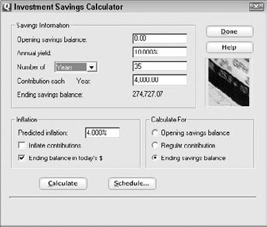 The Investment Savings Calculator dialog box.