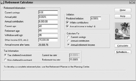 The Retirement Calculator dialog box.