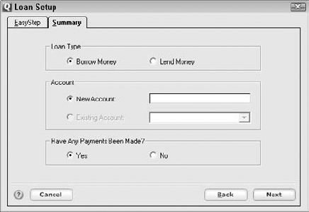 The Loan Setup dialog box.