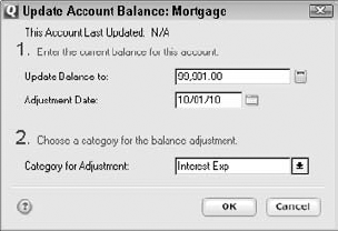 The Update Account Balance: Mortgage dialog box.