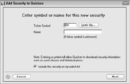 The first Add Security To Quicken dialog box.