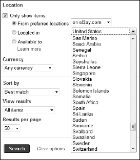 The Inter national search product selector.