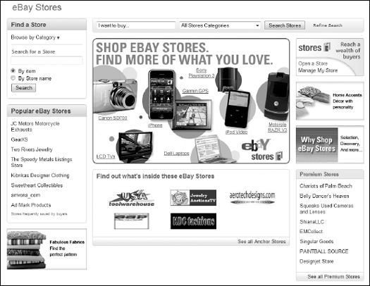 The eBay Stores hub — from here, you can browse categories, visit stores, or search all items in all eBay Stores.