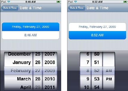 Slide the wheel of fortune to set the month, day, year (left) and time (right).