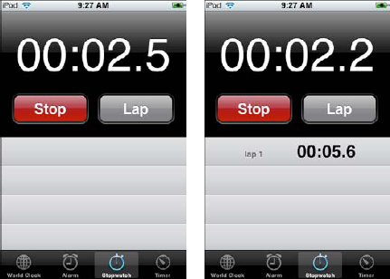 After tapping Start (left) and after tapping Lap (right).