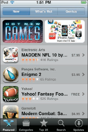 Browsing the new featured apps in the App Store on an iPod touch.