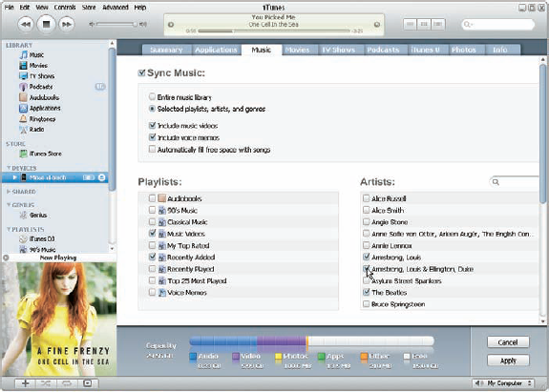 Synchronize your iPod with only selected playlists, artists, and genres (scroll down to see genres).