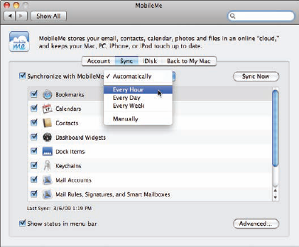 Sync options for MobileMe on a Mac.