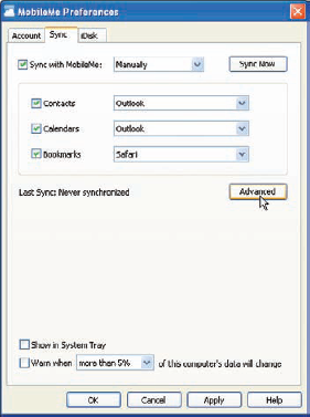 Sync options for MobileMe on a Windows PC.