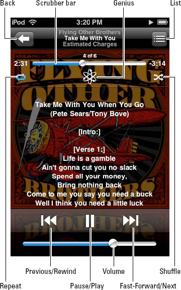 Tap under the album title to show more buttons, the scrubber bar, and lyrics.