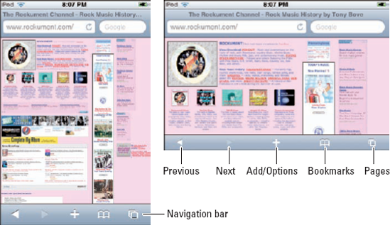 Use the navigation bar to navigate Web pages and to open and save bookmarks.