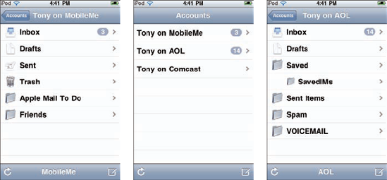 A MobileMe account's mailboxes (left); multiple e-mail accounts (middle), and the mailbox (Inbox) of an AOL e-mail account (right).