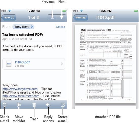 The e-mail message appears with an attachment (left side); tap the right arrow to view the attachment (a PDF file).