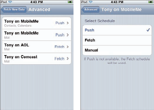 Choose an account (left) and set Push and Fetch settings for it (right).