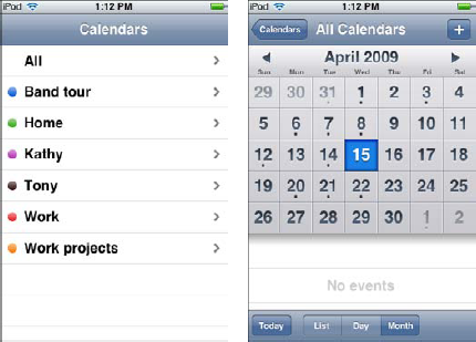 The Calendar app's list of calendars (left) and monthly view (right).