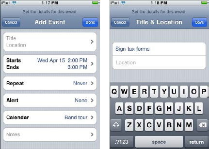 Add an event in Calendar (left) and give it a title and location (right).