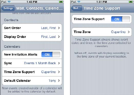 The Contacts and Calendars sections for settings (left) and the Time Zone setting (right).