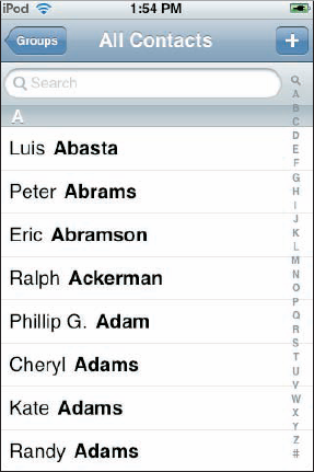 Scroll the alphabetical list or tap a letter along the right side.