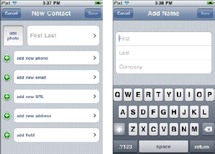 Add a new contact (left) and enter the contact's name (right).