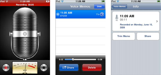 Record your voice (left), select a saved recording (center), and open the Info screen (right).