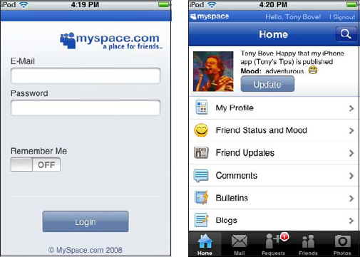 Log in to your MySpace account (left) to see your Home screen (right).