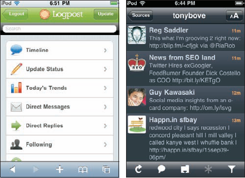 Twitter for iPhone Web service (left), and Twitterific (right).