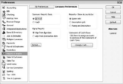 The Preferences dialog box for reports and graphs.