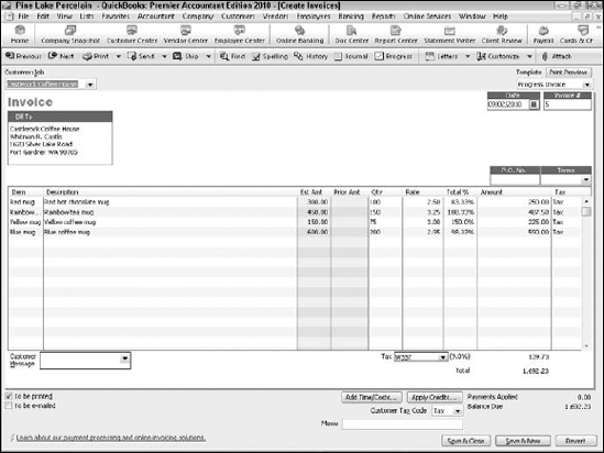 The Create Invoices window with the data from Figure 16-2.