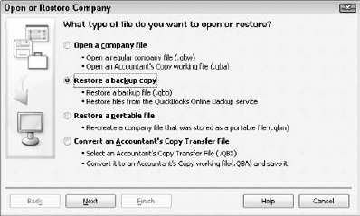 The Open or Restore Company dialog box.