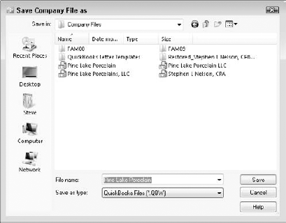 The Save Company File As dialog box.