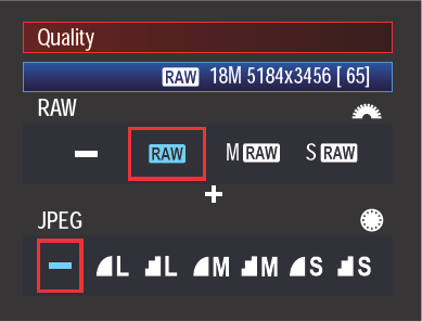 The Quality screen enables you to select RAW file options by using the Main dial and JPEG options by using the Quick Control dial.