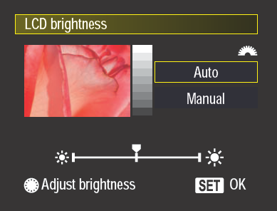 The LCD brightness screen enables you to monitor brightness with the preview image and the grayscale display on the right.