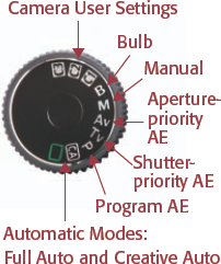 The Mode dial includes two automatic shooting modes as well as semiautomatic modes, Manual and Bulb modes, and three customizable Camera User Settings shooting modes.