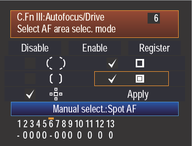 The Select AF area selection mode screen