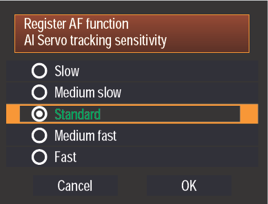 The Register AF function AI Servo tracking sensitivity options screen