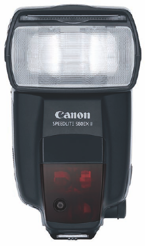 The Canon Speedlite 580EX II accessory flash. The 7D includes a waterproof jacket around the hot shoe that matches up to the 580EX II seal to keep water from getting into the electrical connection in wet weather.