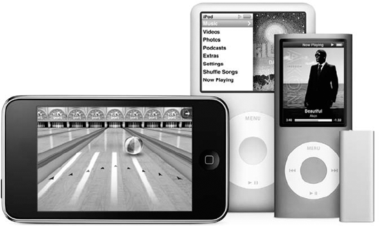The iPod family includes (left to right) the iPod touch, iPod classic, iPod nano, and iPod shuffle.