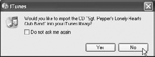 Click Yes to rip your CD into iTunes automatically or No to set preferences or edit song information first.