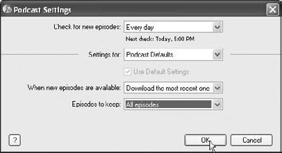 Set iTunes to automatically check for, download, and keep podcast episodes.