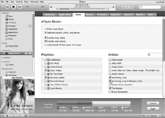 Synchronize only the selected playlists, artists, and genres.