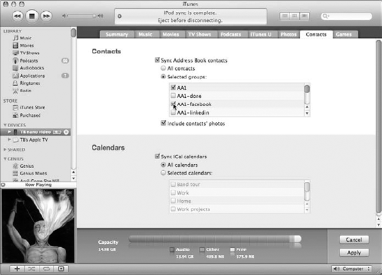 Synchronize contacts and calendars with an iPod nano (or iPod classic or older model).