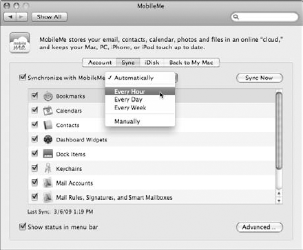 Sync options for MobileMe on a Mac.