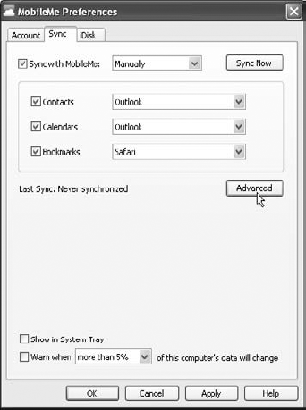 Sync options for MobileMe on a Windows PC.