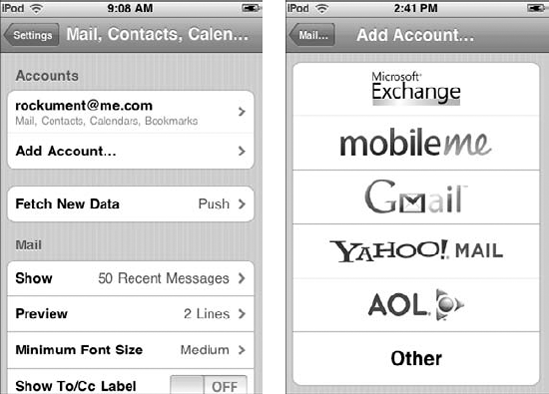 Tap Add Account (left) to see the list of account types (right).