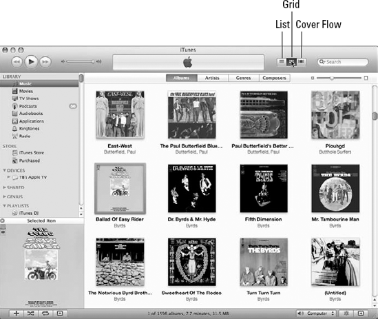 Browse music in the List pane as a grid of cover art.