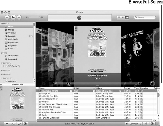 Browse music using Cover Flow view.
